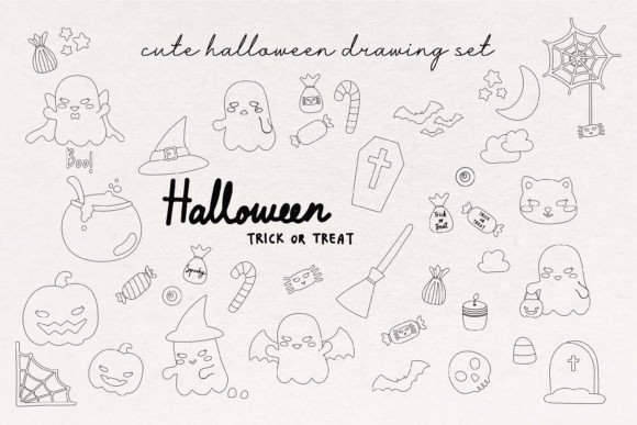 Download Cute Line Drawn Halloween Clip Art Set - Cute Collection