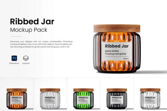 Download Ribbed Jar with Wooden Lid Mockup Pack - Mockup Collection